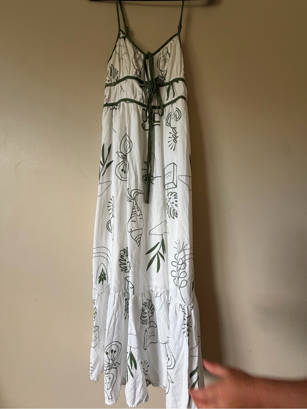 White Maxi Dress with Olive Green Botanical Print and Trim